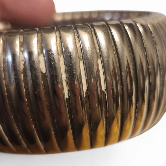 Vintage 1980s Silver Tone Stretch Bangle Bracelet – Bold Statement Jewelry - Picture 5 of 6